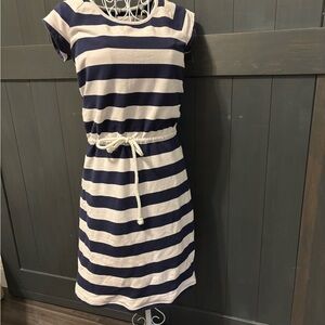 Hanna Andersson Striped Navy and Cream Dress with Rope Twist Drawstring Waist XS